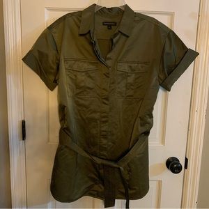 Banana Republic Sateen Camp Shirt Style Tie-Waist Tunic size L olive/army green